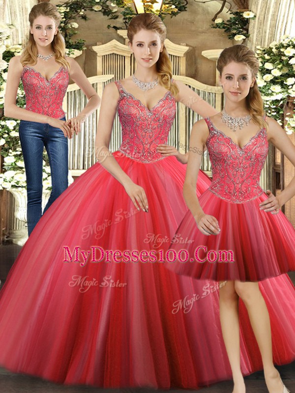 Coral Red Sweet 16 Dress Military Ball and Sweet 16 and Quinceanera with Beading Straps Sleeveless Lace Up