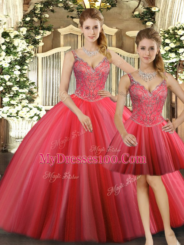 Coral Red Sweet 16 Dress Military Ball and Sweet 16 and Quinceanera with Beading Straps Sleeveless Lace Up