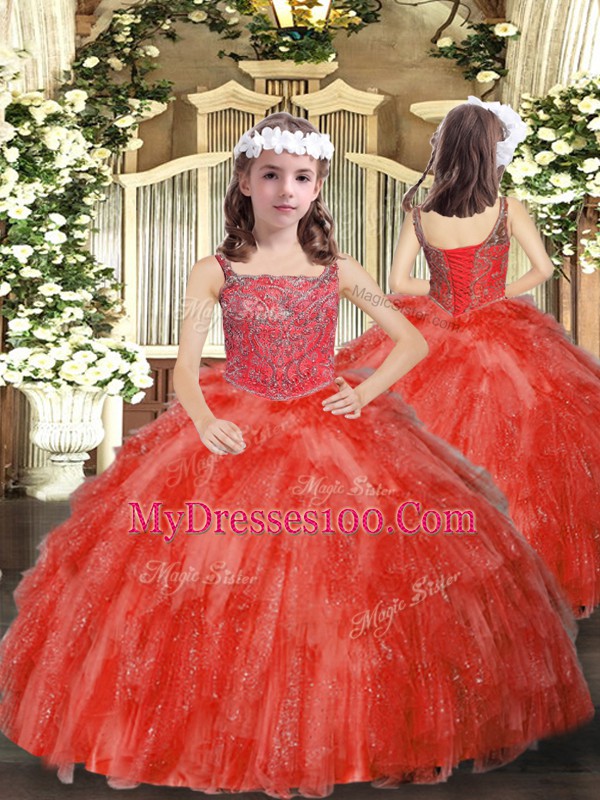 Top Selling Beading and Ruffles Girls Pageant Dresses Coral Red Lace Up Sleeveless Floor Length