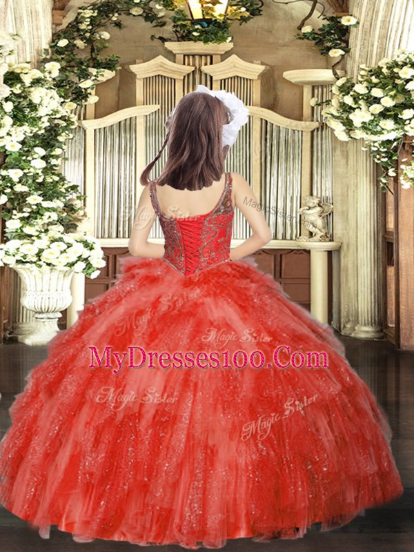 Top Selling Beading and Ruffles Girls Pageant Dresses Coral Red Lace Up Sleeveless Floor Length