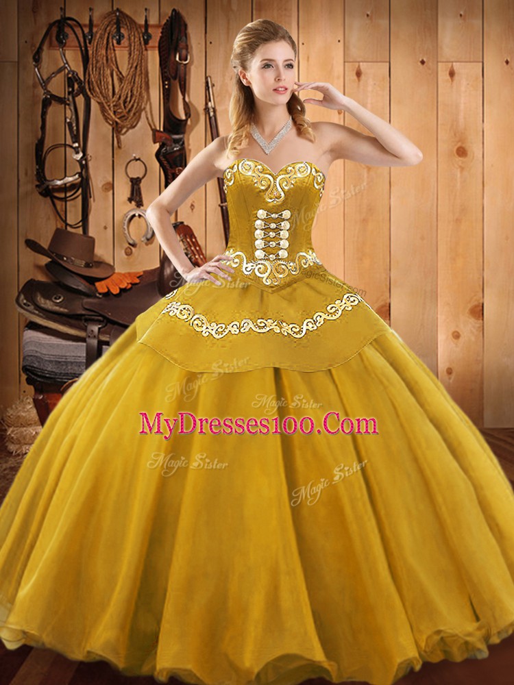 Gold Lace Up Sweetheart Embroidery Quince Ball Gowns Satin and Tulle Sleeveless