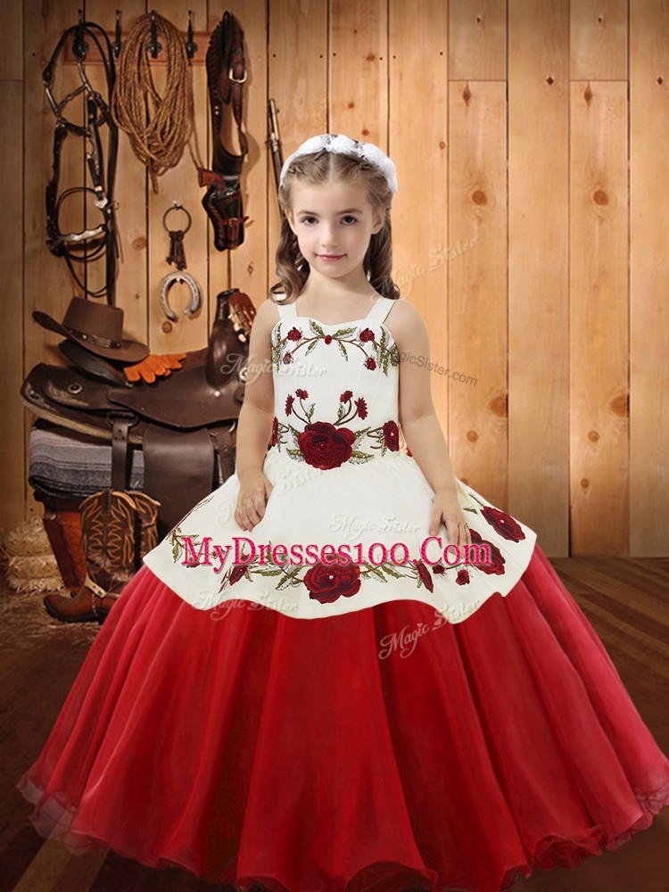 Red Zipper Little Girls Pageant Dress Wholesale Embroidery Sleeveless Floor Length