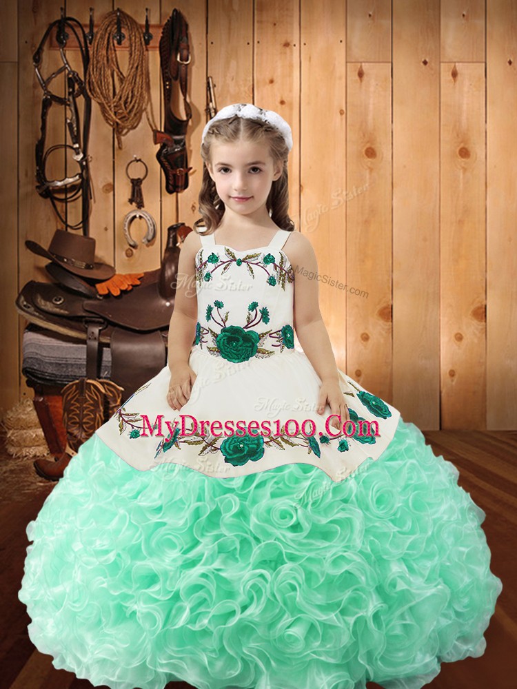 Wonderful Apple Green Child Pageant Dress Sweet 16 and Quinceanera with Embroidery and Ruffles Straps Sleeveless Lace Up