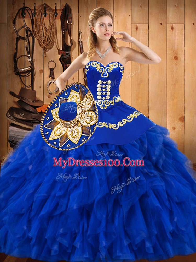 Unique Floor Length Lace Up Sweet 16 Quinceanera Dress Blue for Military Ball and Sweet 16 and Quinceanera with Embroidery and Ruffles