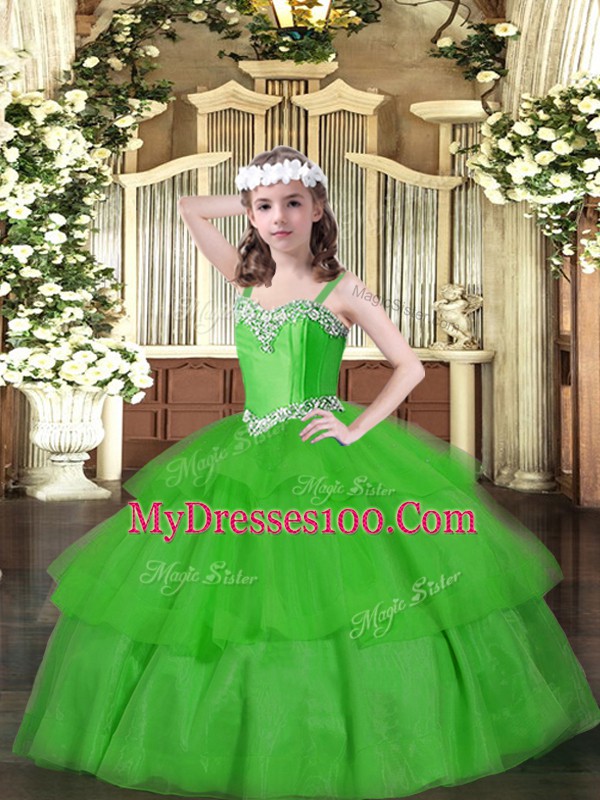 Green Organza Lace Up Little Girls Pageant Gowns Sleeveless Floor Length Beading and Ruffled Layers