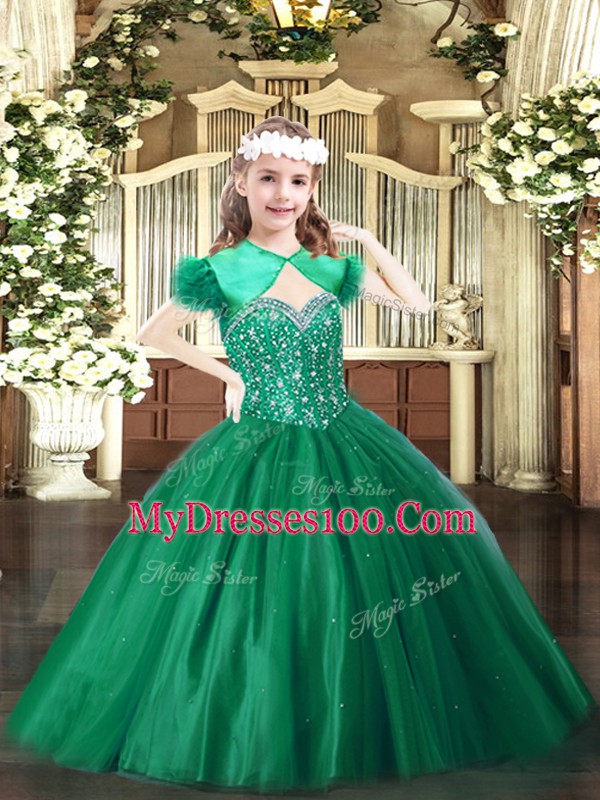 Perfect Dark Green Straps Neckline Beading Little Girls Pageant Gowns Sleeveless Lace Up