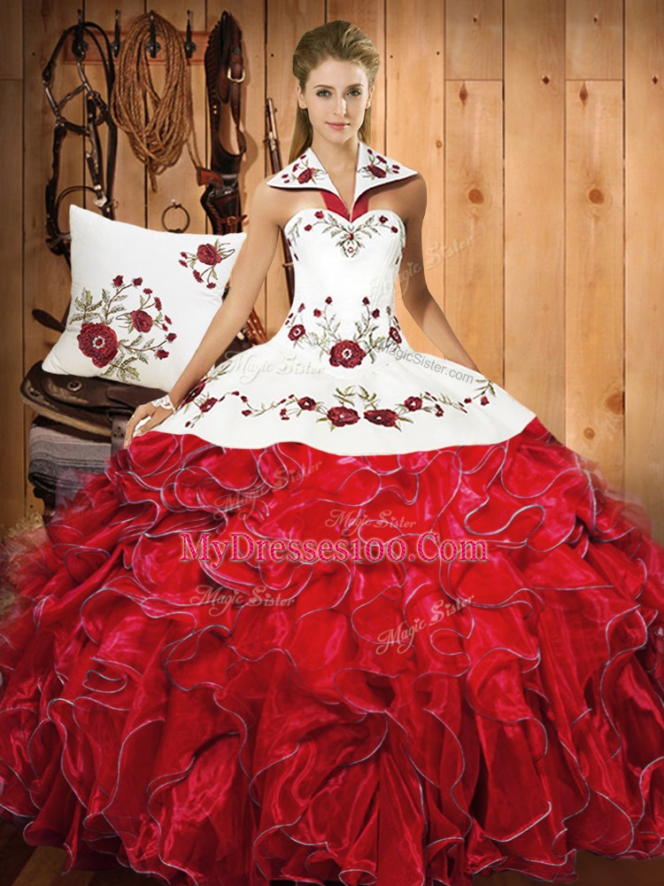 Noble White And Red Halter Top Neckline Embroidery and Ruffles Ball Gown Prom Dress Sleeveless Lace Up