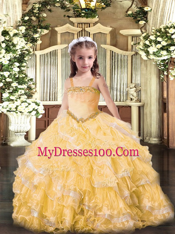 Gold Ball Gowns Appliques and Ruffled Layers Pageant Gowns For Girls Lace Up Organza Sleeveless Floor Length