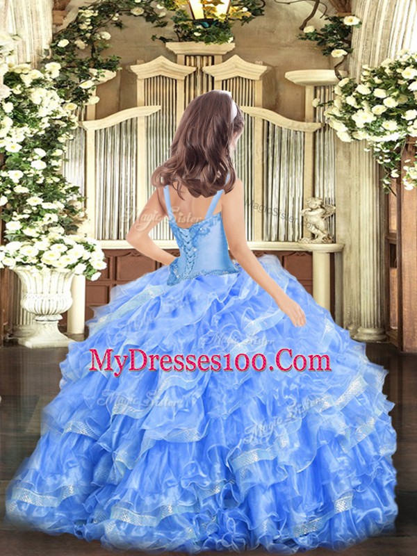 Gold Ball Gowns Appliques and Ruffled Layers Pageant Gowns For Girls Lace Up Organza Sleeveless Floor Length