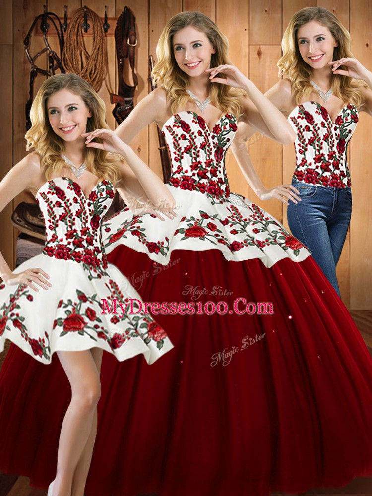 Wine Red Three Pieces Satin and Tulle Sweetheart Sleeveless Embroidery Floor Length Lace Up 15th Birthday Dress