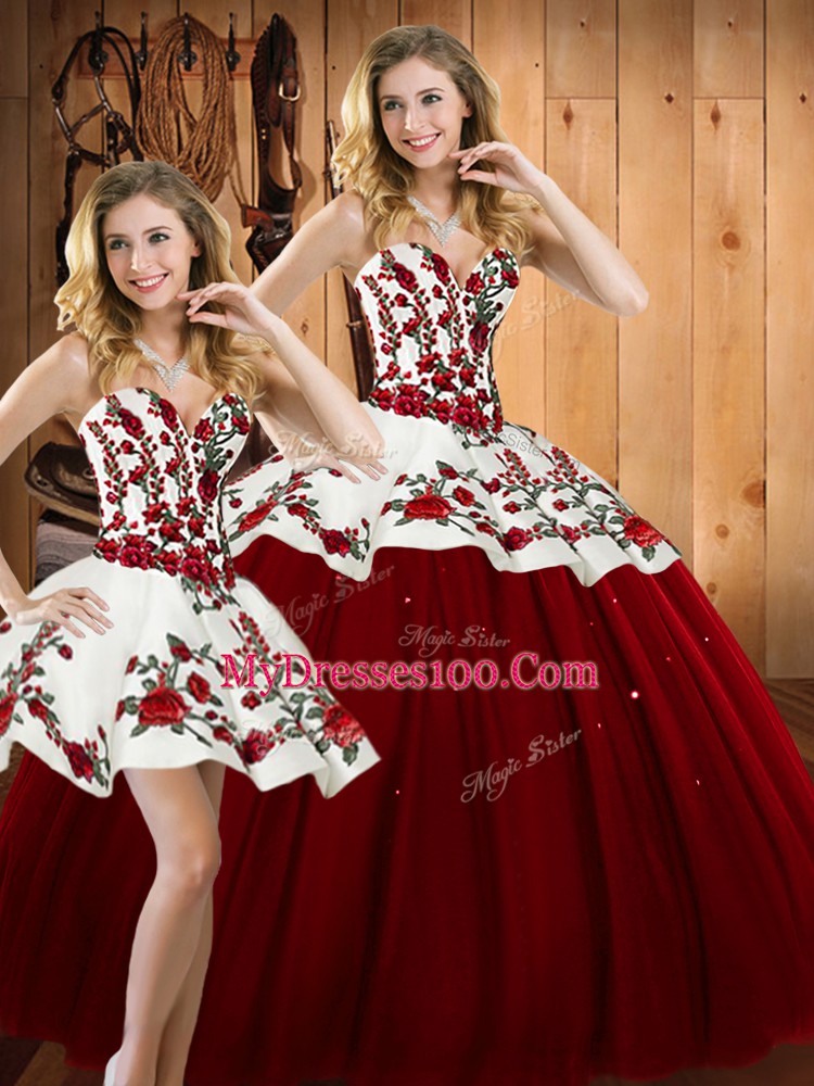 Wine Red Three Pieces Satin and Tulle Sweetheart Sleeveless Embroidery Floor Length Lace Up 15th Birthday Dress