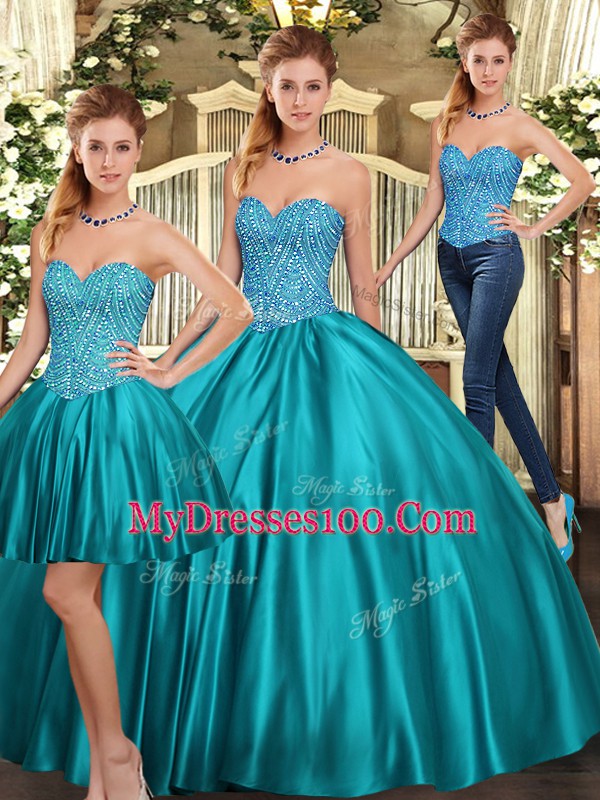 Low Price Three Pieces Quinceanera Dress Teal Sweetheart Tulle Sleeveless Floor Length Lace Up