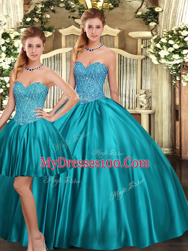 Low Price Three Pieces Quinceanera Dress Teal Sweetheart Tulle Sleeveless Floor Length Lace Up