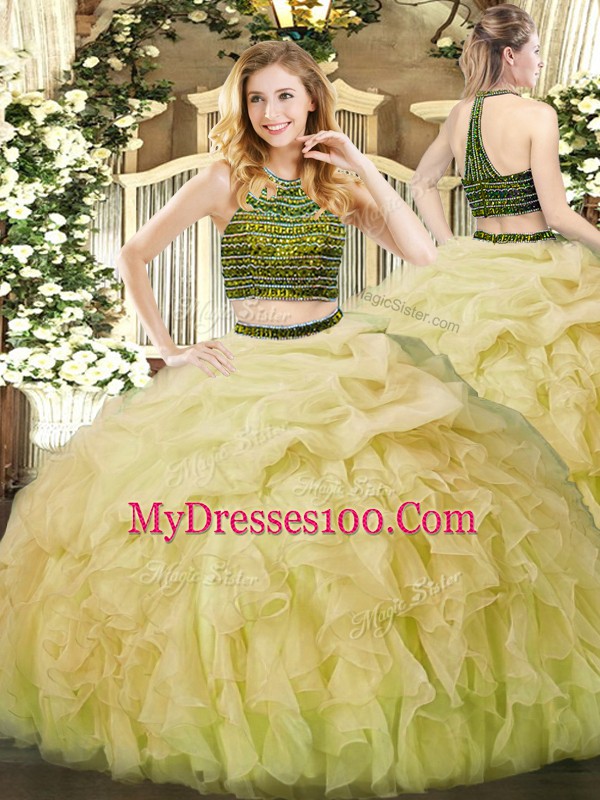On Sale Yellow Green Sleeveless Organza Zipper Quinceanera Dresses for Military Ball and Sweet 16 and Quinceanera