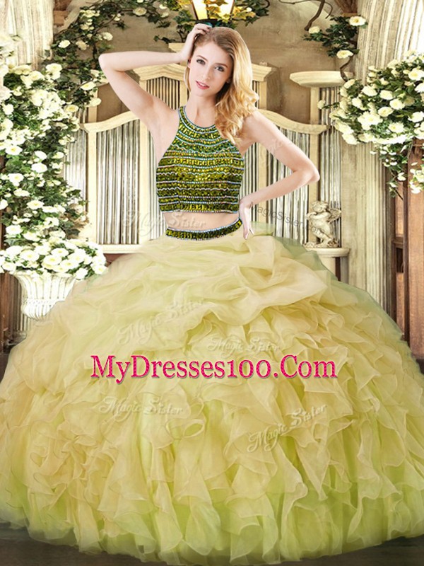 On Sale Yellow Green Sleeveless Organza Zipper Quinceanera Dresses for Military Ball and Sweet 16 and Quinceanera