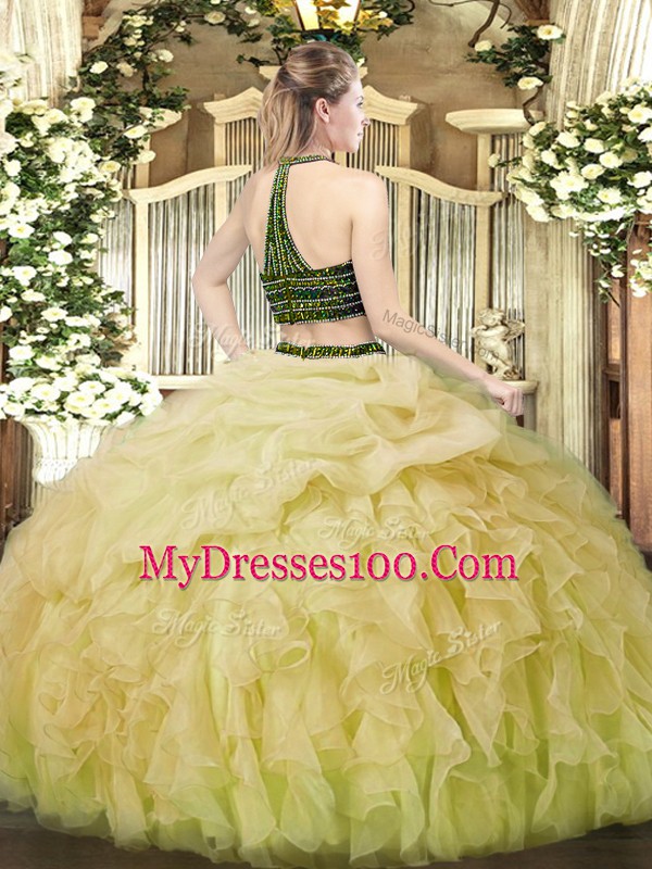 On Sale Yellow Green Sleeveless Organza Zipper Quinceanera Dresses for Military Ball and Sweet 16 and Quinceanera