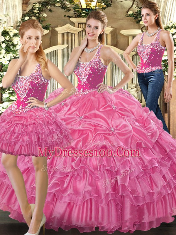 Hot Pink Straps Lace Up Beading and Ruffles and Pick Ups Quinceanera Dresses Sleeveless