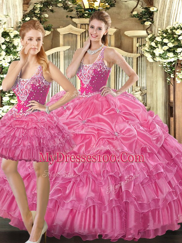 Hot Pink Straps Lace Up Beading and Ruffles and Pick Ups Quinceanera Dresses Sleeveless