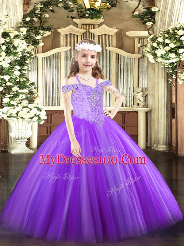 Lavender Sleeveless Floor Length Beading Lace Up Little Girl Pageant Gowns