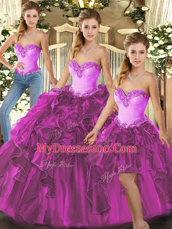 Fuchsia Lace Up Quinceanera Gowns Beading and Ruffles Sleeveless Floor Length