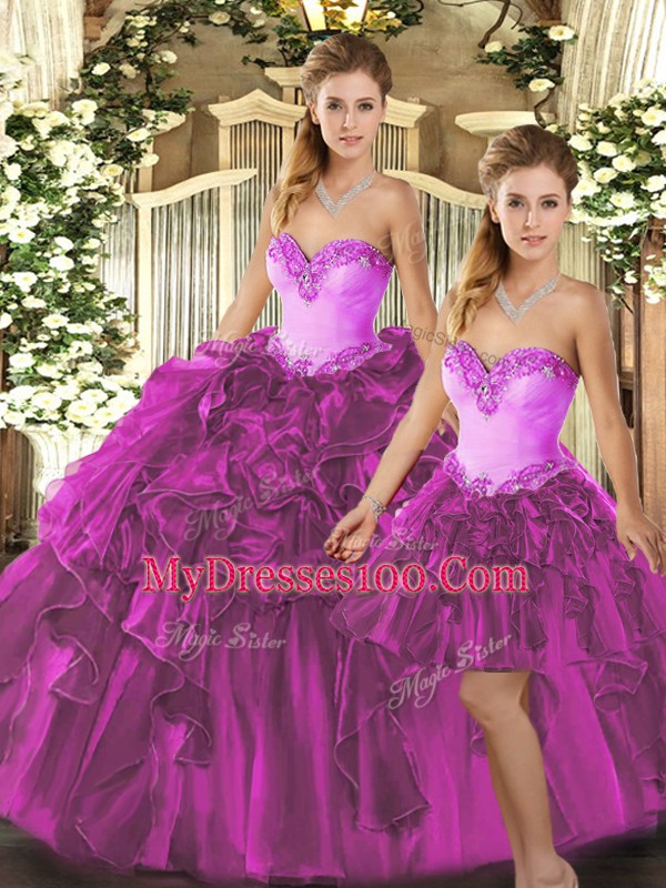 Fuchsia Lace Up Quinceanera Gowns Beading and Ruffles Sleeveless Floor Length