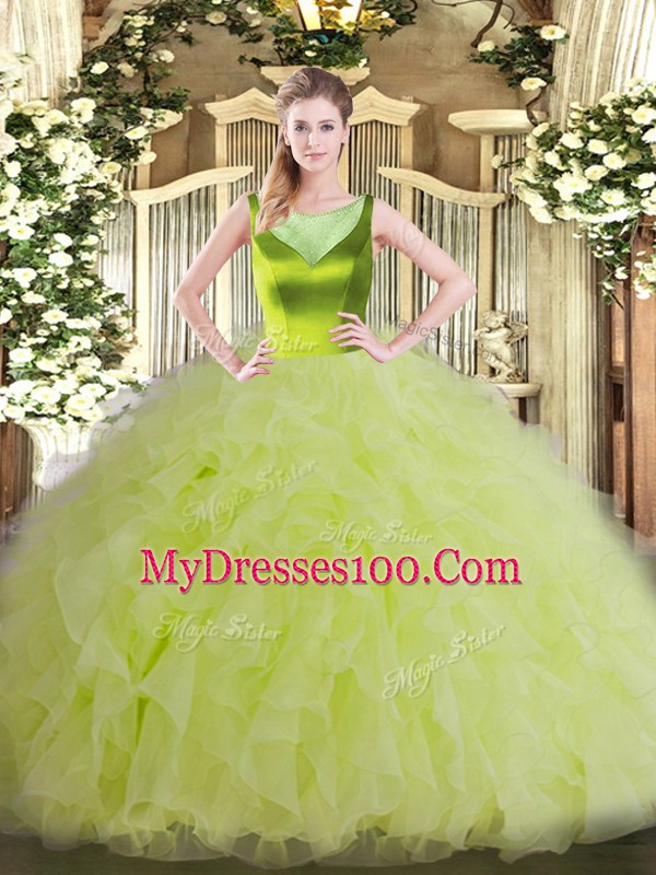 Unique Ball Gowns 15th Birthday Dress Yellow Green Scoop Organza Sleeveless Floor Length Side Zipper