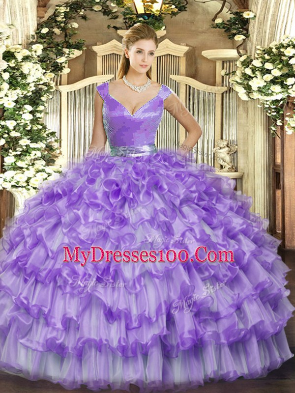 Glittering Lavender Ball Gowns Ruffled Layers Vestidos de Quinceanera Zipper Organza Sleeveless Floor Length