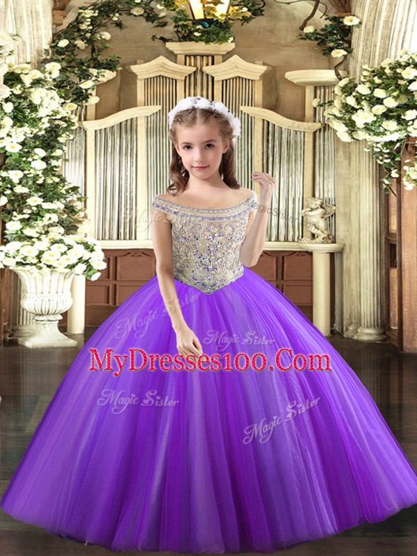 Pretty Purple Lace Up Off The Shoulder Beading Pageant Dress Tulle Sleeveless