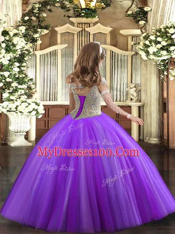 Pretty Purple Lace Up Off The Shoulder Beading Pageant Dress Tulle Sleeveless