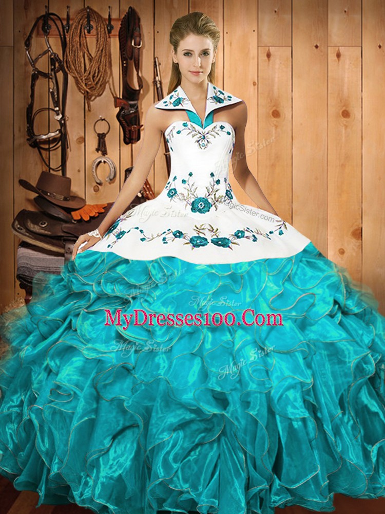 Sleeveless Satin and Organza Floor Length Lace Up Sweet 16 Dress in Aqua Blue with Embroidery and Ruffles