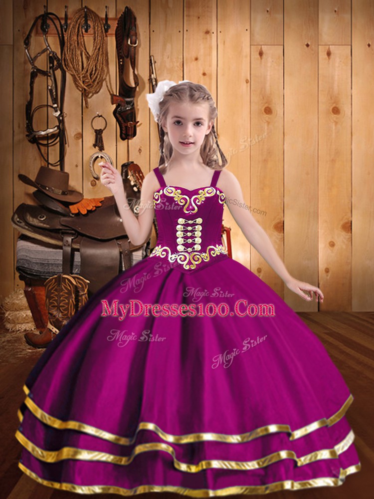 Fuchsia Lace Up Straps Beading and Ruffled Layers Pageant Dress for Teens Organza Sleeveless