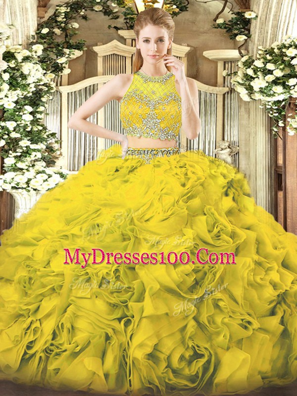 Gold Zipper Scoop Beading Vestidos de Quinceanera Fabric With Rolling Flowers Sleeveless