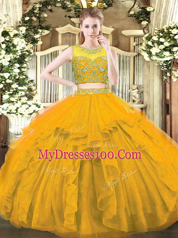 Affordable Gold Scoop Neckline Beading and Ruffles Quinceanera Gown Sleeveless Zipper