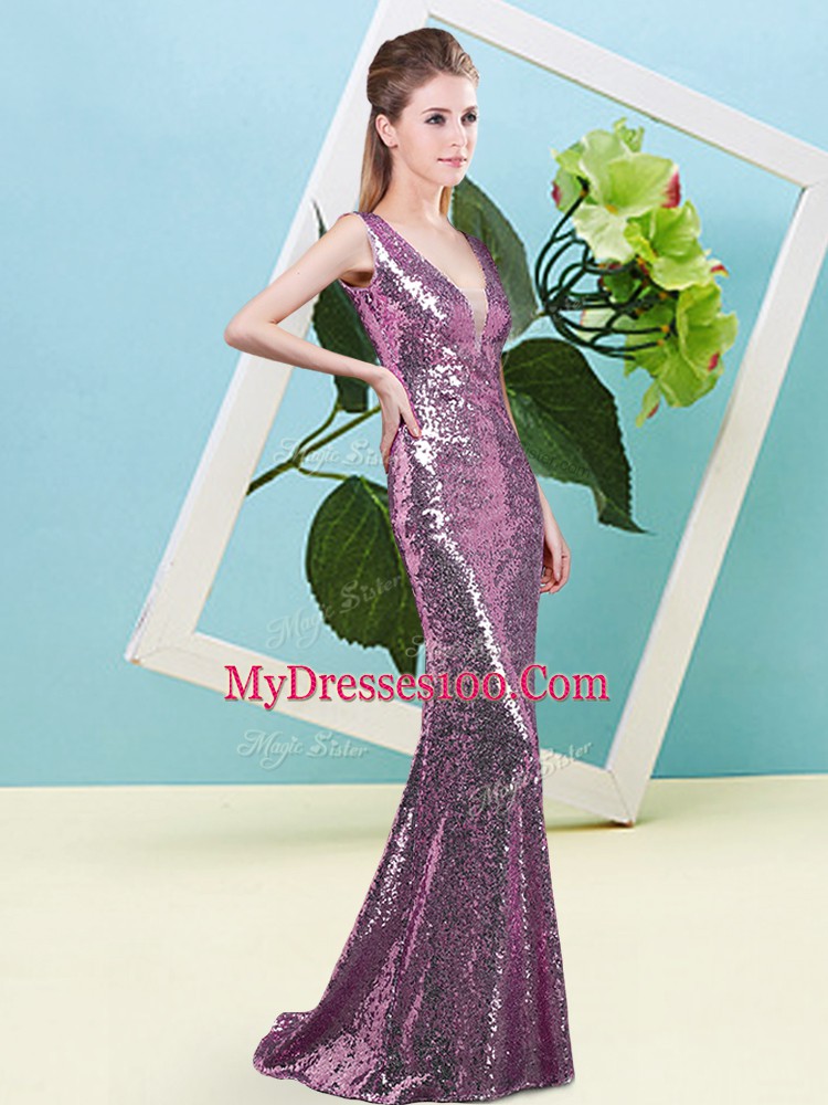 Lilac Mermaid Sequins Prom Dresses Zipper Sequined Sleeveless Floor Length