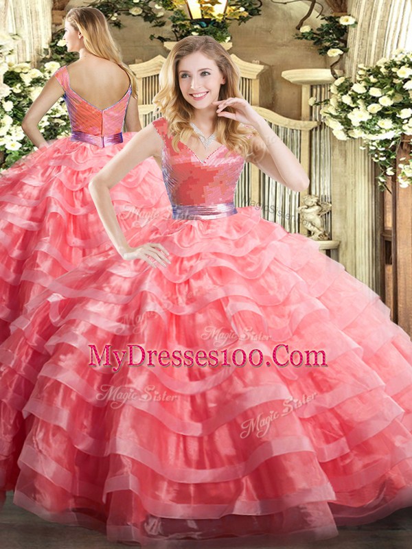 Watermelon Red V-neck Zipper Ruffled Layers 15th Birthday Dress Sleeveless