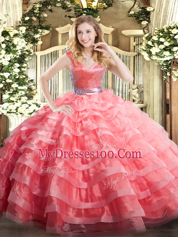 Watermelon Red V-neck Zipper Ruffled Layers 15th Birthday Dress Sleeveless