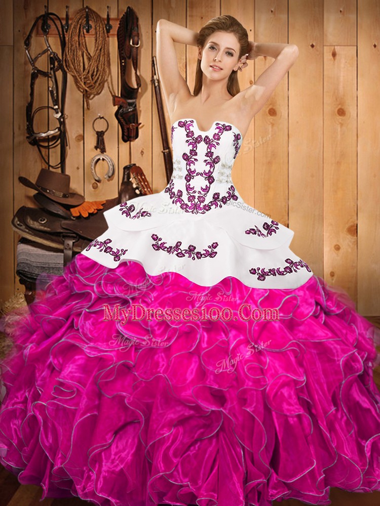 Sleeveless Satin and Organza Floor Length Lace Up Sweet 16 Quinceanera Dress in Fuchsia with Embroidery and Ruffles