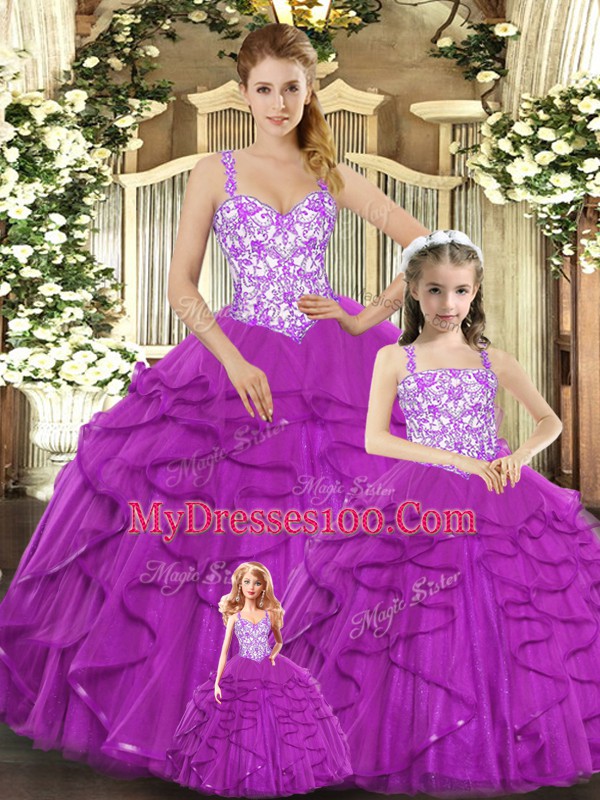 Super Fuchsia Lace Up Quinceanera Dress Beading and Ruffles Sleeveless Floor Length
