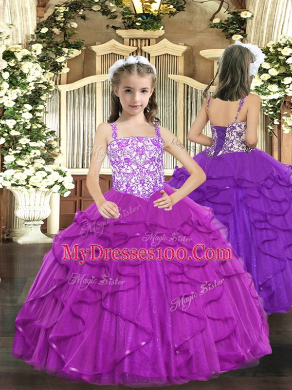 Super Fuchsia Lace Up Quinceanera Dress Beading and Ruffles Sleeveless Floor Length
