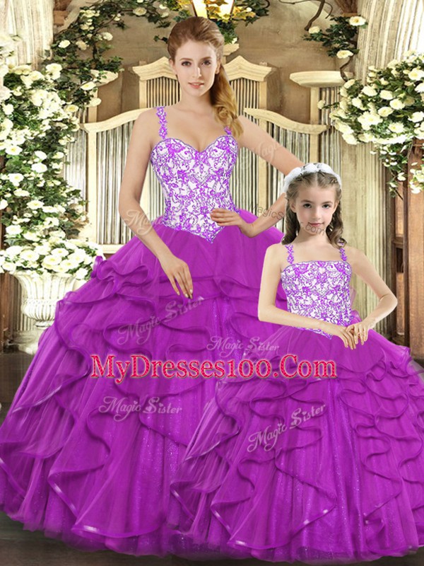 Super Fuchsia Lace Up Quinceanera Dress Beading and Ruffles Sleeveless Floor Length