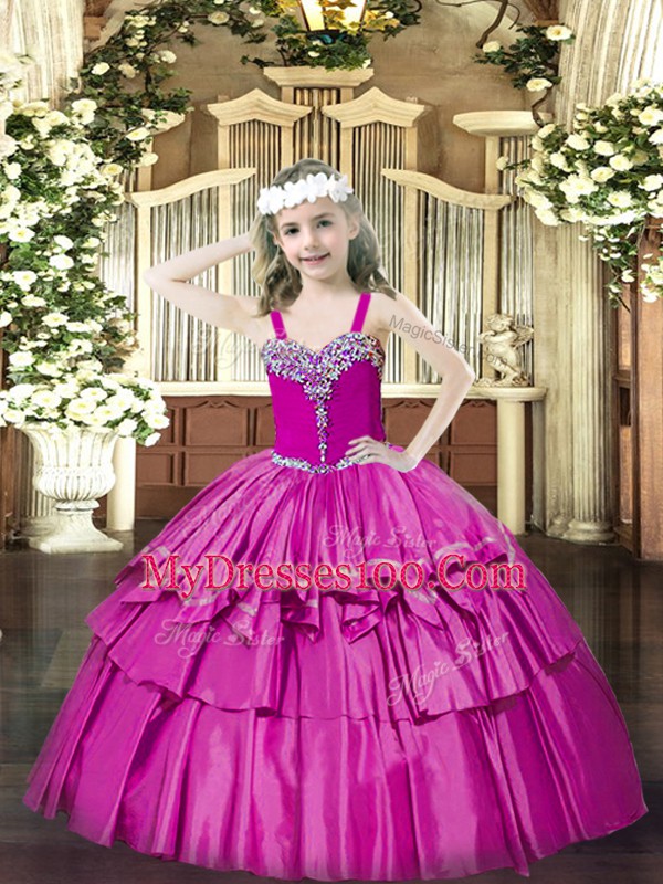 Sleeveless Floor Length Beading and Ruffled Layers Lace Up Pageant Gowns with Fuchsia