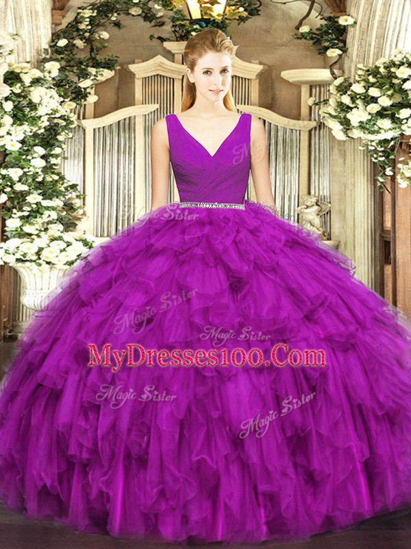 Sleeveless Floor Length Beading and Ruffles Zipper Sweet 16 Dress with Fuchsia
