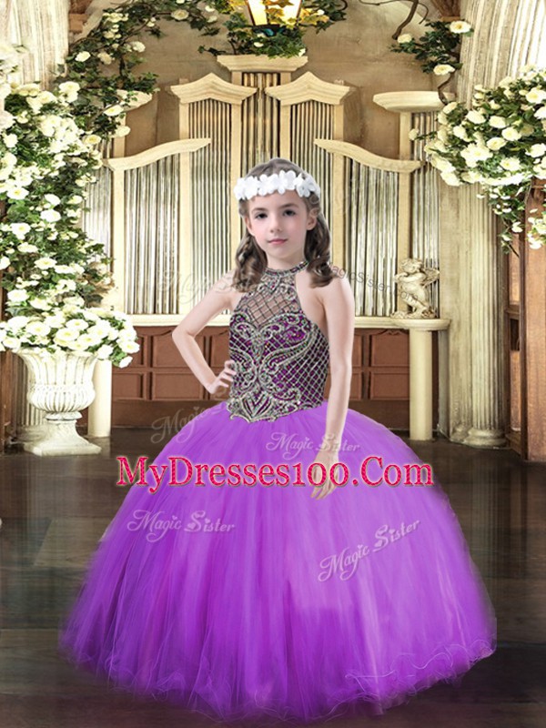 Eggplant Purple Ball Gowns Beading Little Girls Pageant Dress Lace Up Tulle Sleeveless Floor Length