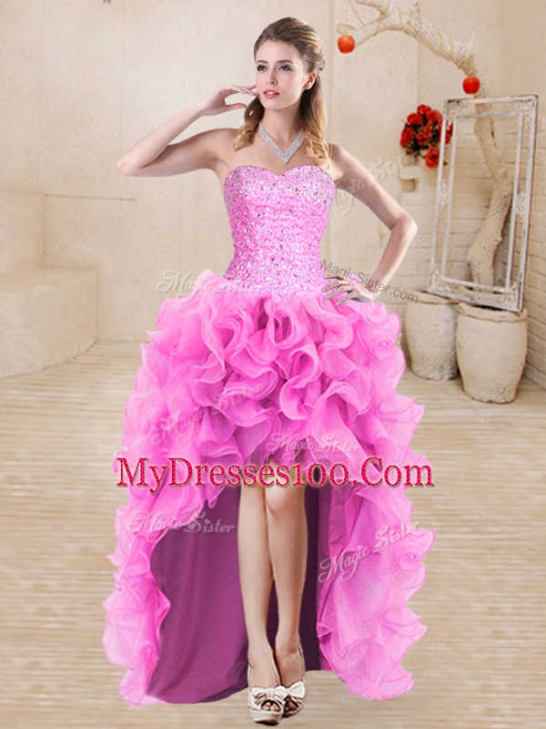 Sweetheart Sleeveless Organza Prom Dress Beading and Ruffles Lace Up