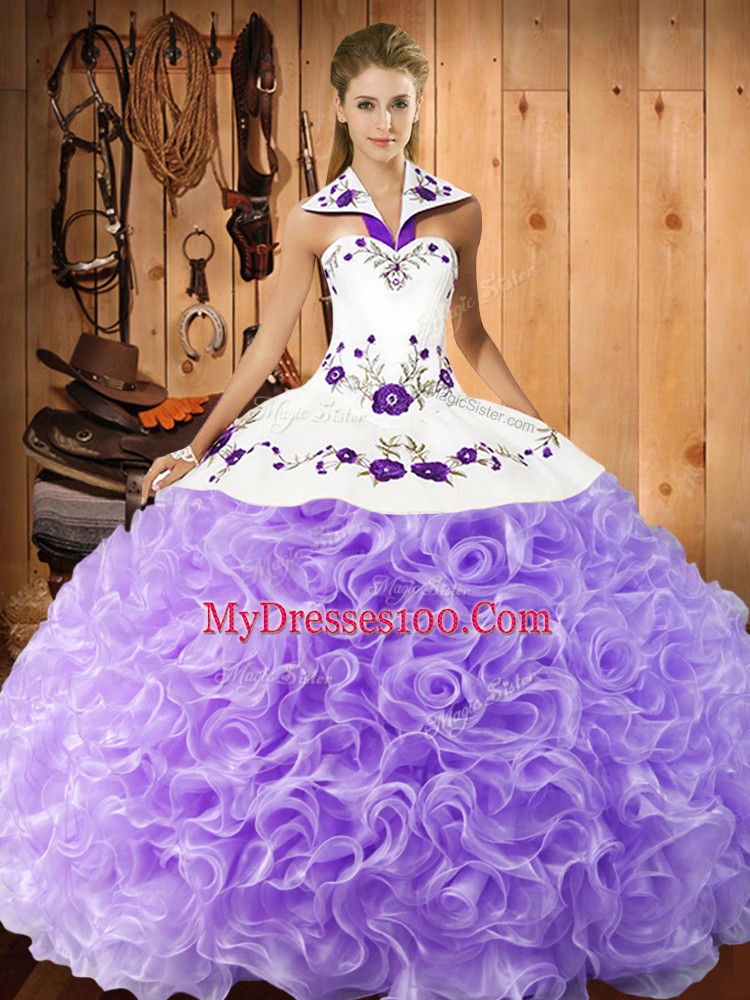 Amazing Fabric With Rolling Flowers Halter Top Sleeveless Lace Up Embroidery Vestidos de Quinceanera in Lavender