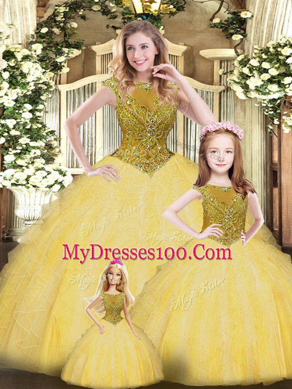 Gold Sleeveless Beading and Ruffles Floor Length Quinceanera Dresses