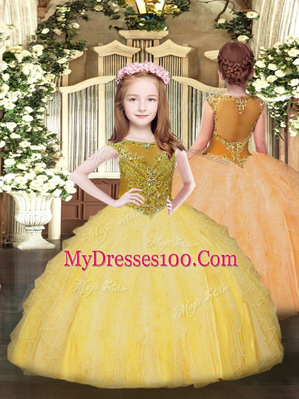 Gold Sleeveless Beading and Ruffles Floor Length Quinceanera Dresses