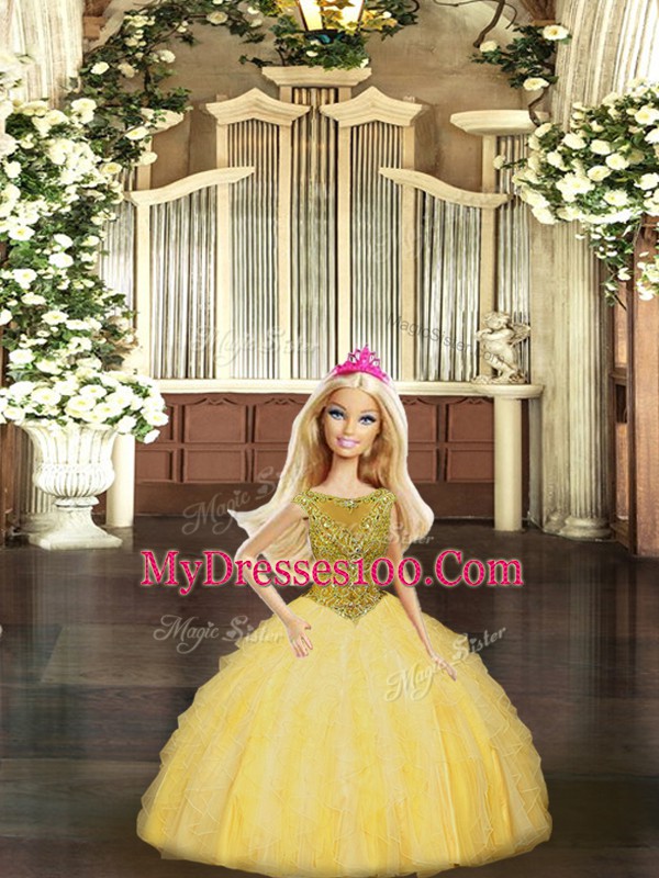 Gold Sleeveless Beading and Ruffles Floor Length Quinceanera Dresses