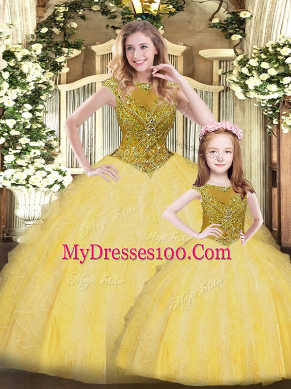 Gold Sleeveless Beading and Ruffles Floor Length Quinceanera Dresses