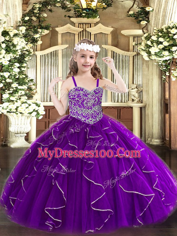 Best Floor Length Purple Child Pageant Dress Organza Sleeveless Beading and Ruffles